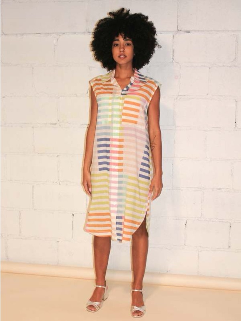 Sunshine Tienda Bay Dress Multicolor Striped Sleeveless Shirt Dress L